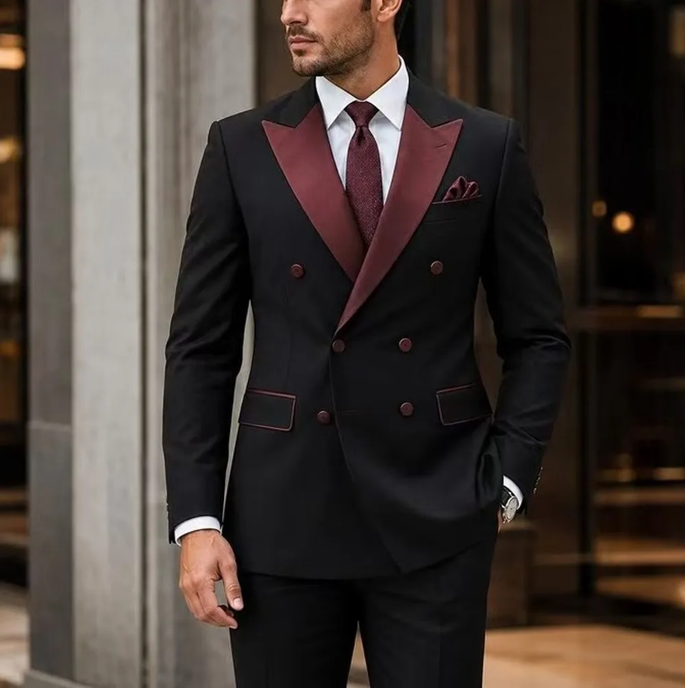 Burgundy Collar Black Business Men Suit Wedding Party Prom Groom Groomsman Formal Occasions Tuxedos 2 Piece Set Blazer Pants