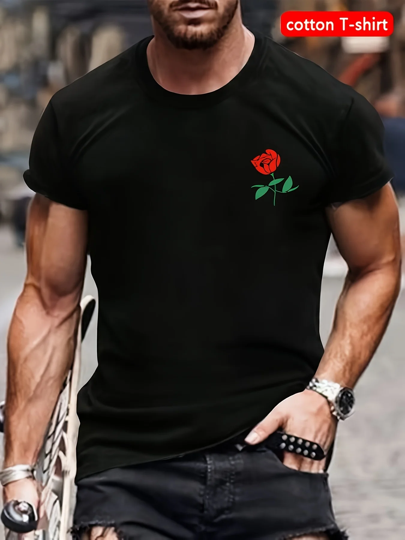

2025 Red Rose Graphic Luxury Brand Men Cotton Short Sleeve Shirt Short Sleeve Summer Unisex Men Women Top Streetwear Tee