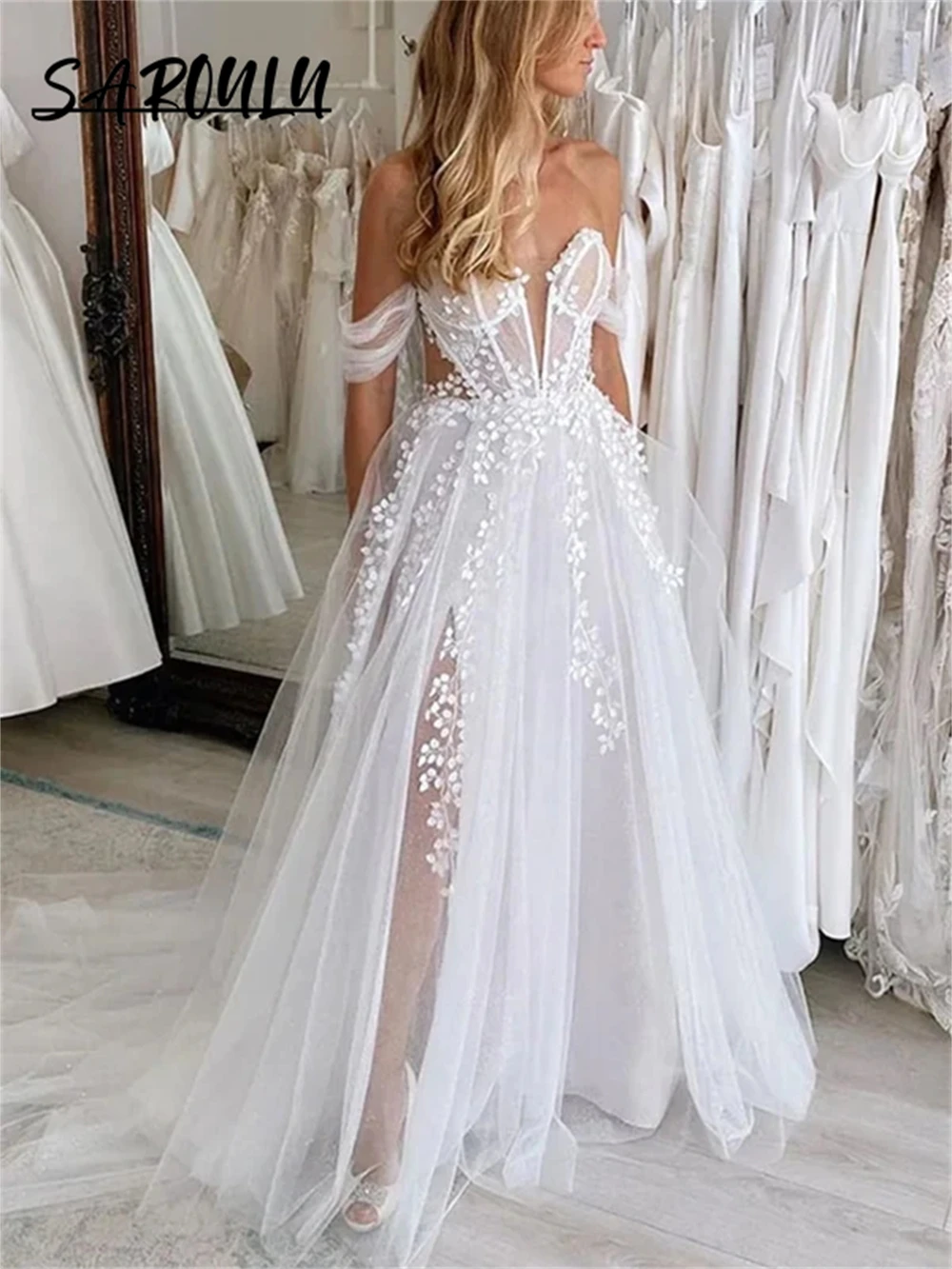 

Swing Tulle A-line Wedding Dress Romantic Sweetheart Lace Appliques Bride Dresses For Women Detachable Off Shoulder Bridal Gown