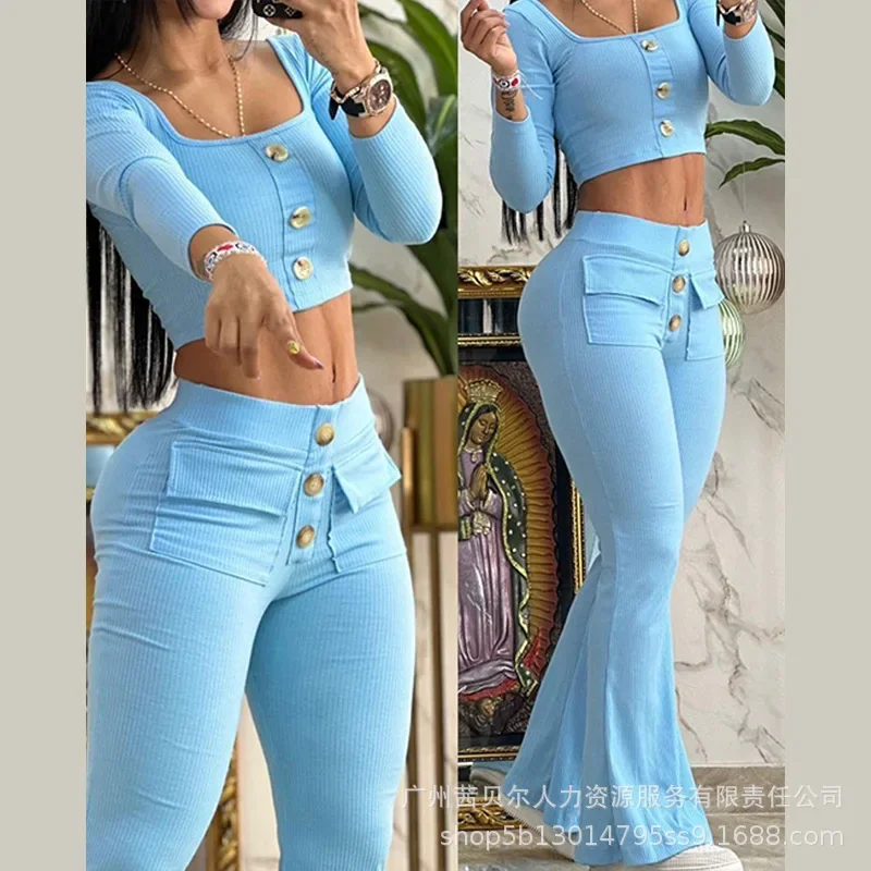 

2023 Womens Pant Sets Solid Color Button Long Sleeve Casual Shirt Pants Two-piece Set for Women