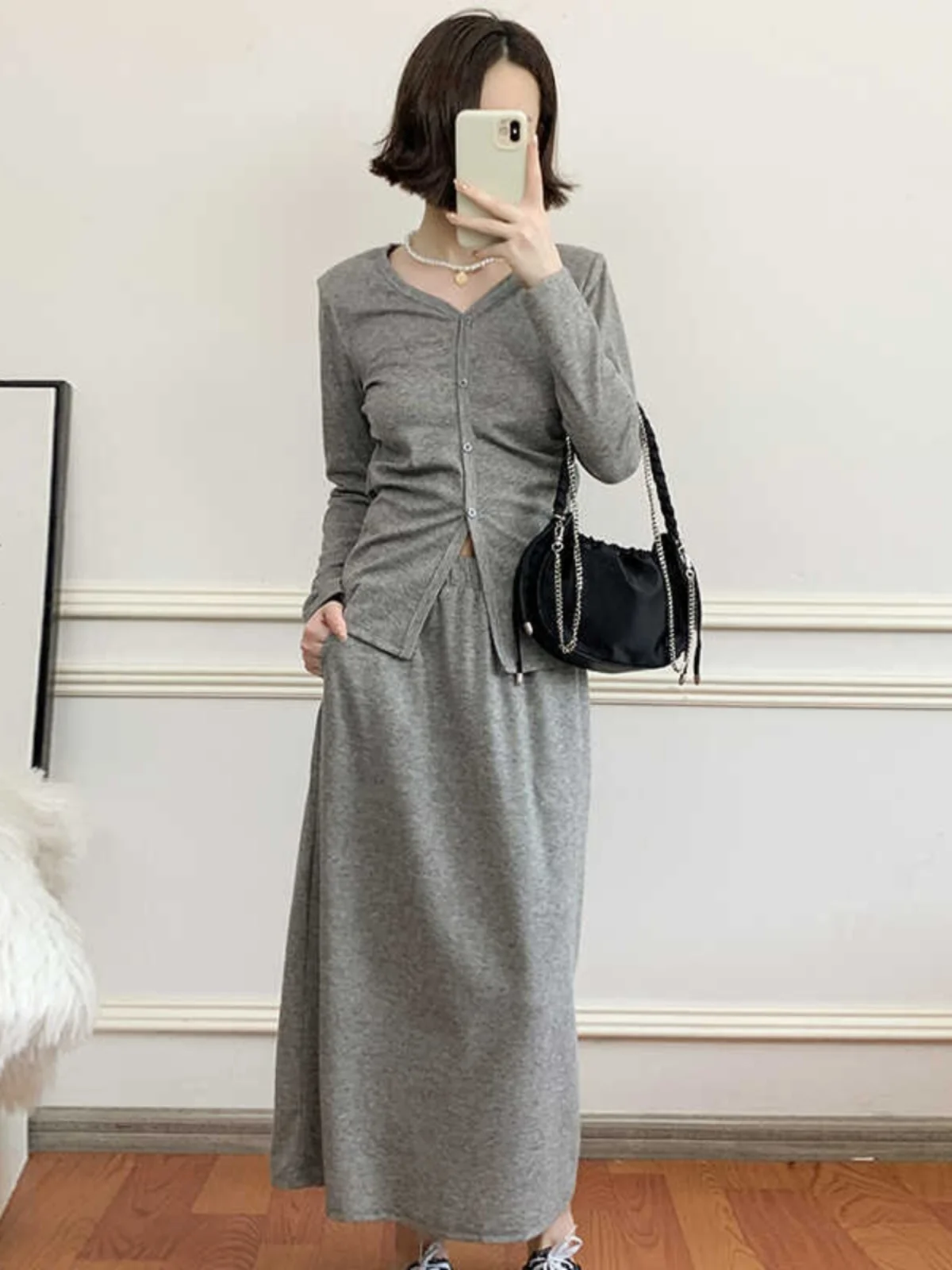 

High Waist Slimming Faionable Two-Piece Set Women's Autumn 2025 New V-Ne Long Sve Top A-Line Skirt Cotton Blend