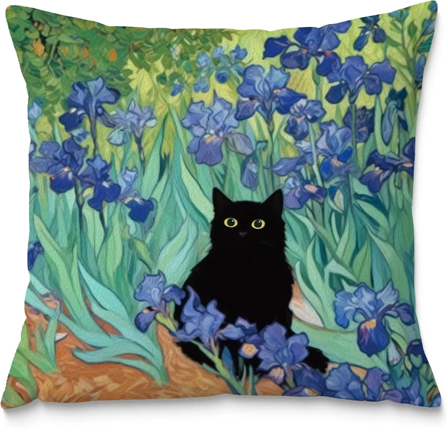 Black Cat in Iris Flowers Pillowcase, Van Gogh Style Oil Painting Cushion Cover, Artistic Garden Pet Lover Home Decor Gift