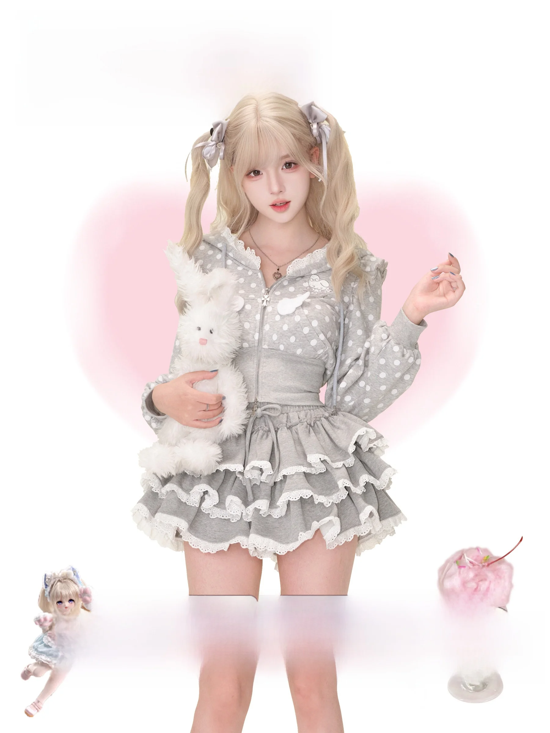 

Spring Autumn Grey Polka Dot Rabbit Rabbit Set Short Sleeve Lace Detail Girls Fashion Outfit Coconut Girl Light Sub-System