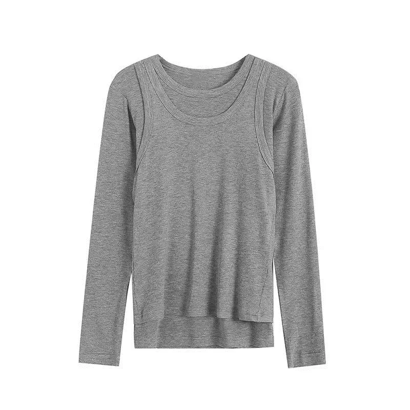 T-shirt tricoté à manches longues et col rond pour femmes, vêtements à double couche, nouveau