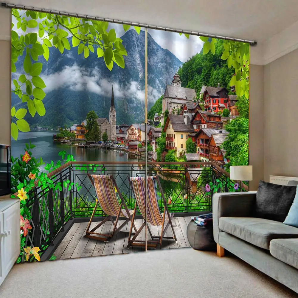 Green Nature scenery Resort curtains building curtain 3D Blackout Curtains For Living room Bedding room Drapes Cotinas