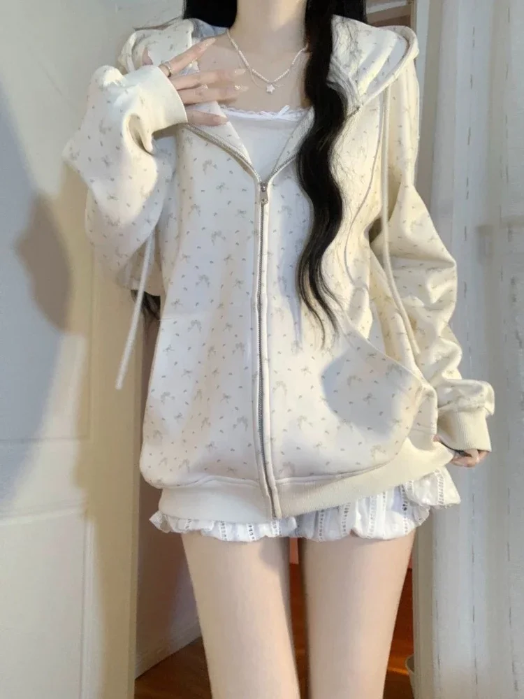 2025 Soft Girl Cuteore Sweet Coquette Hoodies Women Y2k Harajuku Kawaii Streetwear Bow Print Oversized Hooded Casual Sweatshirt