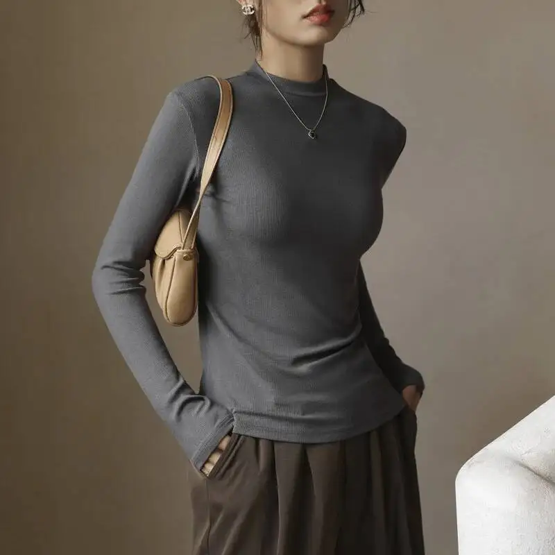 أنيقة طويلة الأكمام مضلع البلوز المرأة الخريف الشتاء الصلبة مزاجه س الرقبة البلوزات الراقية تحسس الركاب ملابس داخلية القمم #2