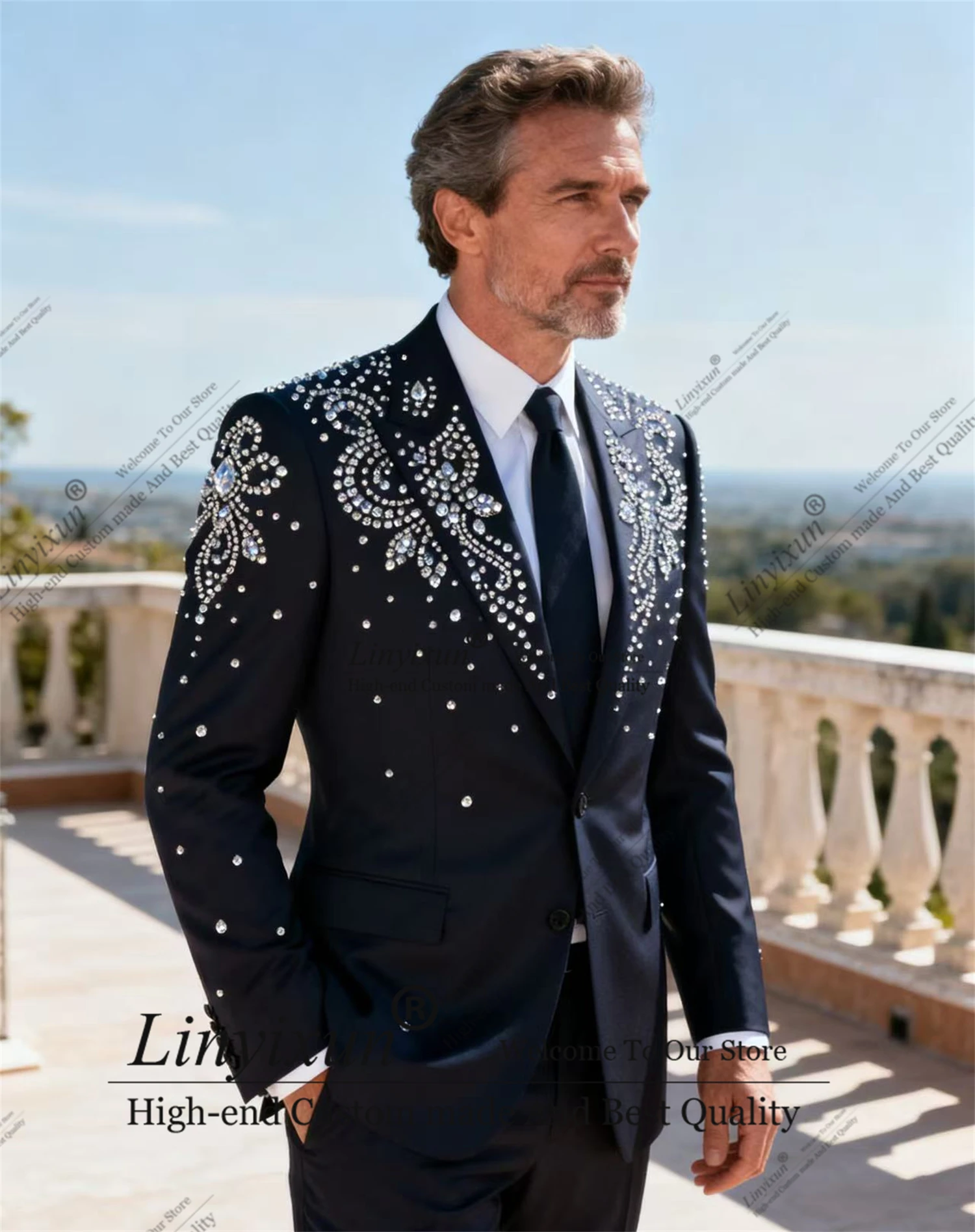 

Elegant gentleman Crystal Rhinestones Men Suits 2 Pieces Groom Male Blazers Customized Formal Slim Ropa hombre Wedding Tuxedos