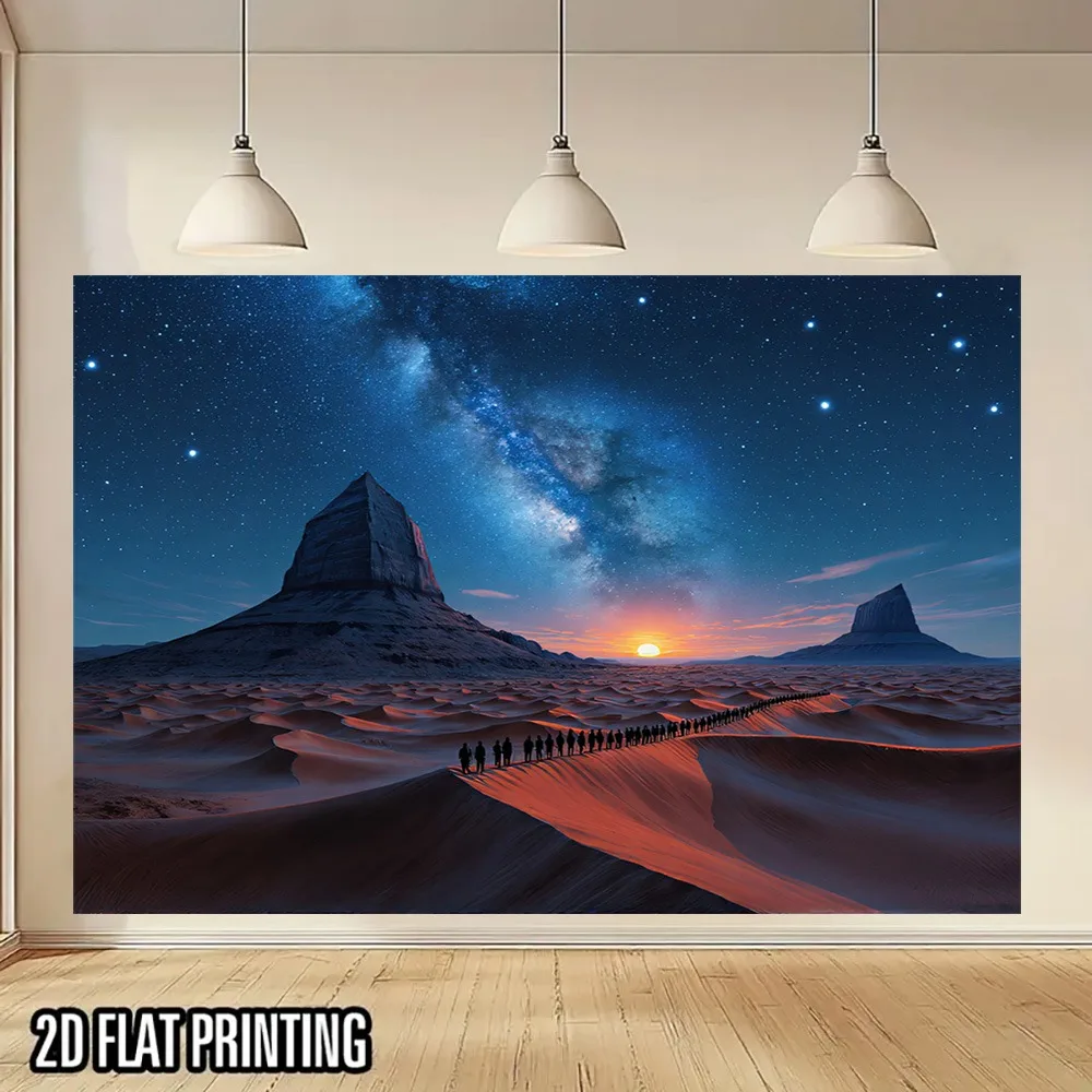 2D Flat, 1pc Large Desert Star Caravan Wall Tapestry - UV Printed Beige & Golden Boho Celestial Night Sky with Camels & Sand Dun
