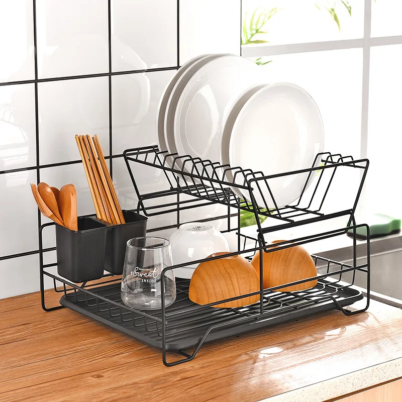 

Kitchen Drainage Rack Cutlery Dish Rack Multi-functional Double Tier Organizer Countertop Dinnerware Partitioned Storage Shelf