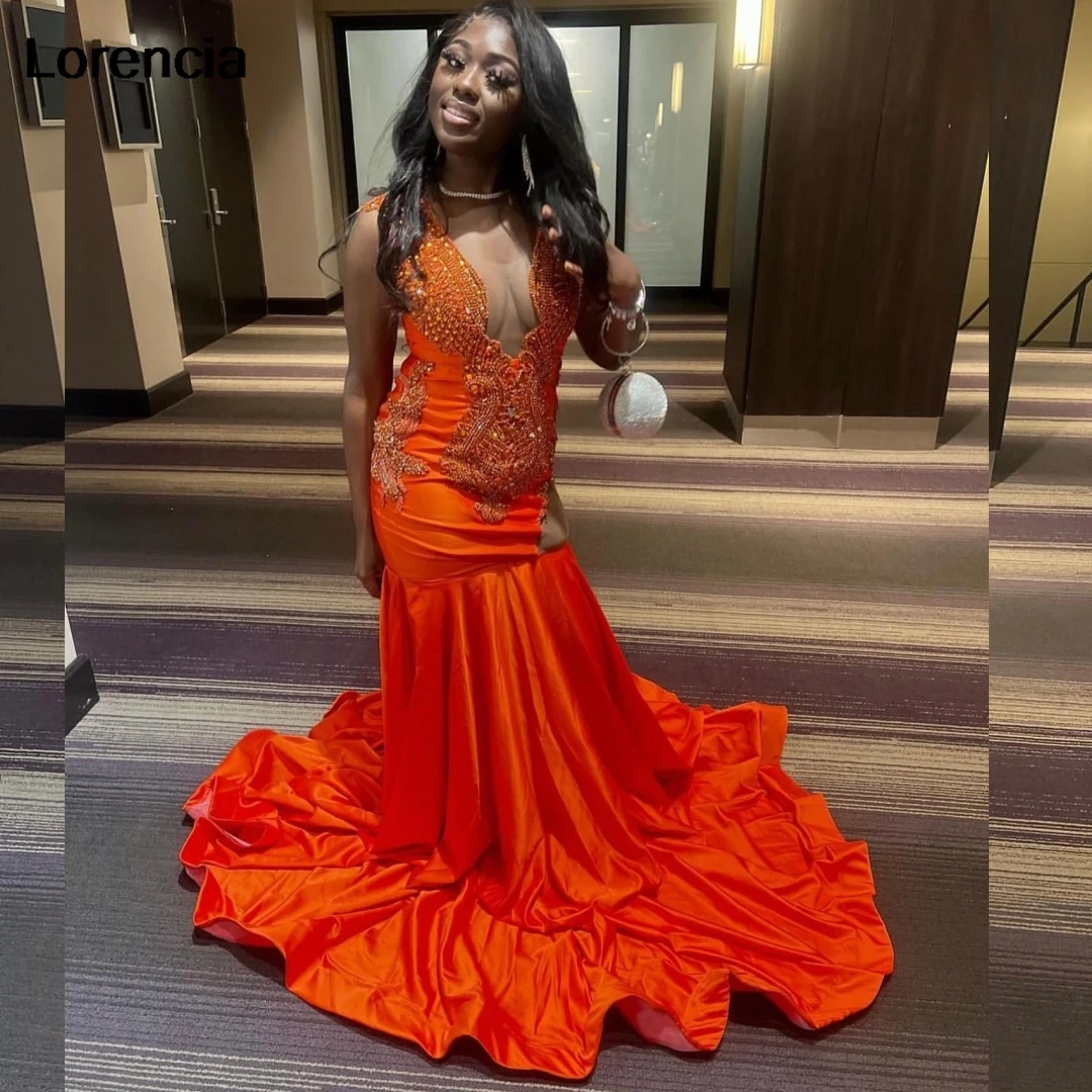 Lorencia Glitter Orange Mermaid Long Prom Dress For Black Girls Beaded Daimond Crystals Party Gown Vestidos De Festa YPD144