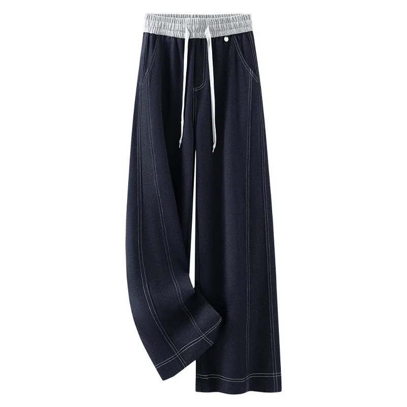 غير يتلاشى السراويل الدنيم المقاومة للتجاعيد مستقيم الساق للنساء، الخريف جديد الرباط مرونة عالية الخصر التخسيس ثنيات واسعة L #5