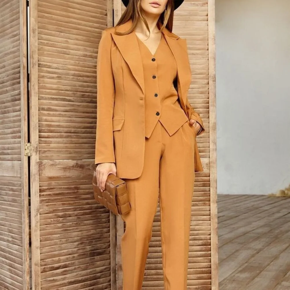 

3 Pieces Suit Elegant Suits for Women Full Sleeves Jacket Single Breasted V-Neck Vest Blazer Pants Suit Bow Collar Women's