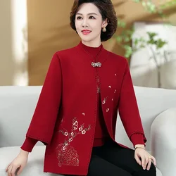 Autumn Winter Clothing For Middle-Aged Mother Two Piece Set Embroider Knitted Bottoming Sweater Cardigan Women Knitwear Coat
