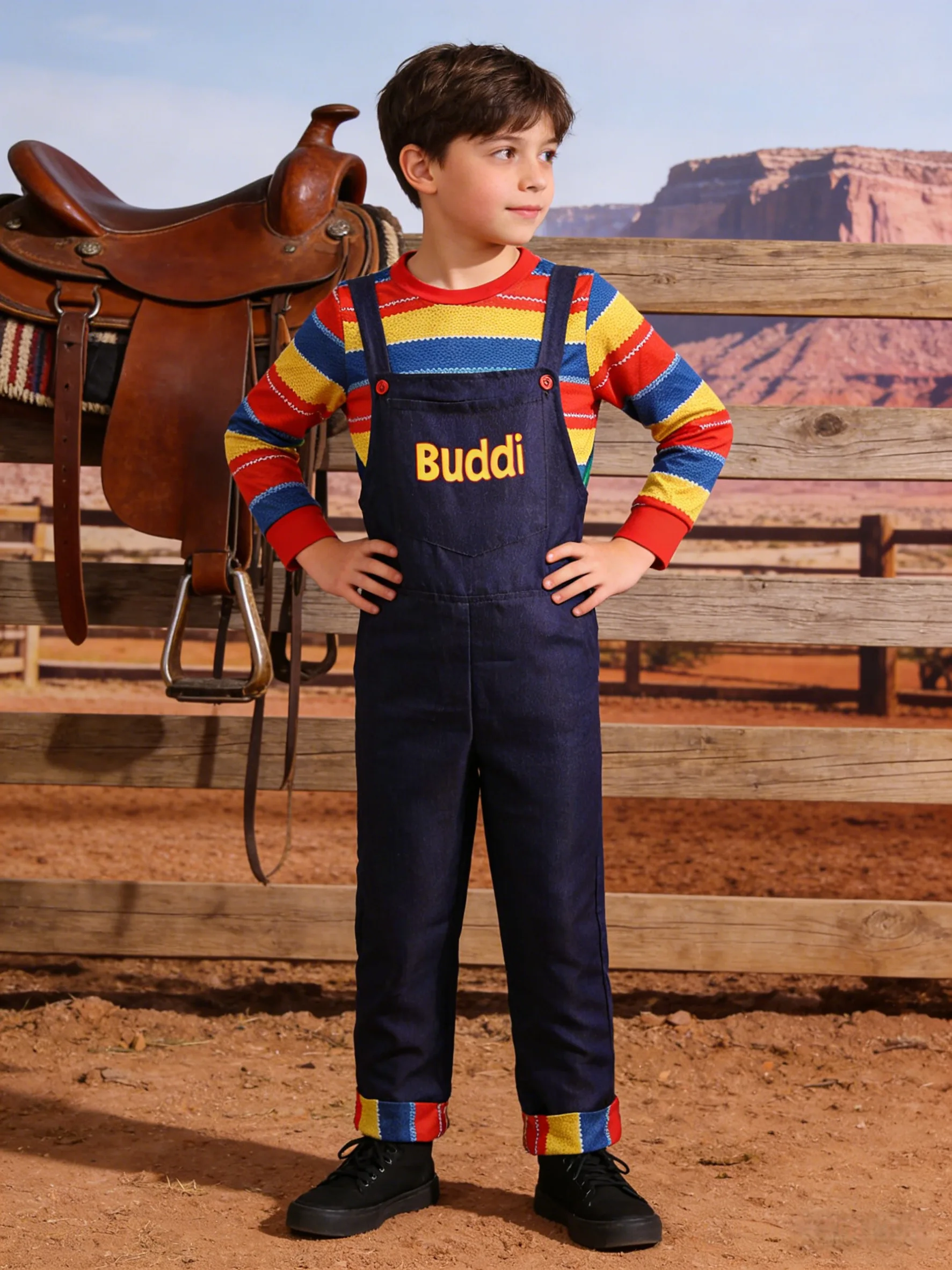 

A Set of Outfits Full of Childlike Fun: One Pair of Pants and One Top, Featuring Rainbow Stripes in Red, Yellow, and Blue, Suitable for Halloween, Carnival, and Stage Performances