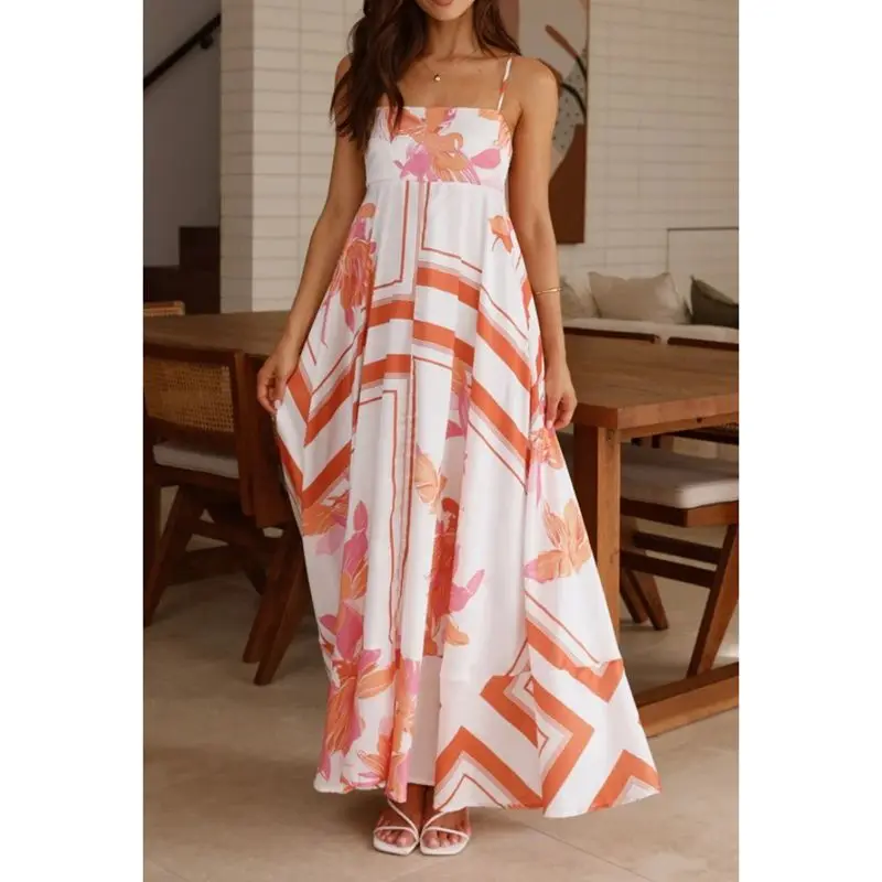 Combhasaki Donna Estate Boho Beachwear Tracolla sottile regolabile Collo quadrato Stampa floreale A-line Cami Slip Abito lungo fluido