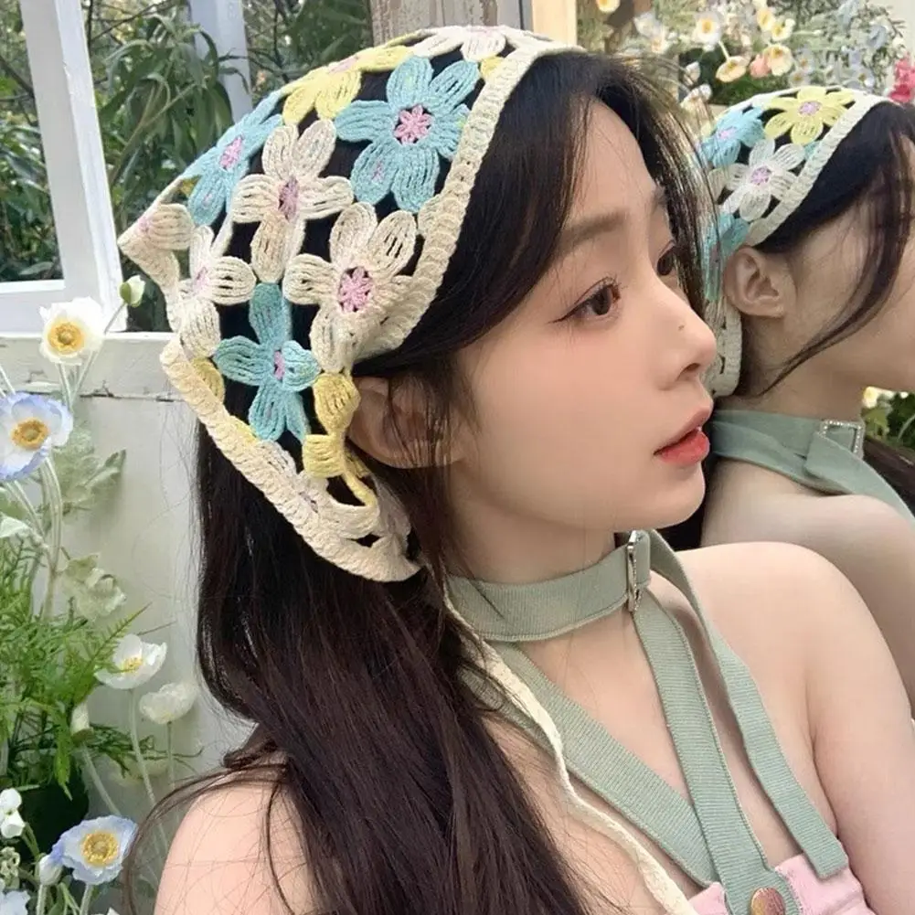 Sweet Cute Handmade Knit Hairband Women's Hair Accessories Knit Hook Flower Headscarf Summer Triangle Scarf Spring Autumn Travel