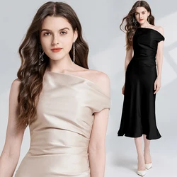 TRAF Summer Formal Occasions Women One Shoulder Elegant Midi Satin Dresses Wedding Evening Holiday Folds Party Prom Clothes