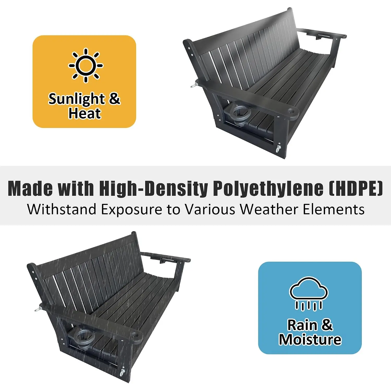 HDPE 3-Seater Outdoor Swing with Cup Holders, Stainless Steel Hardware, High Backrest & Deep Seat, 5-Feet, Customized