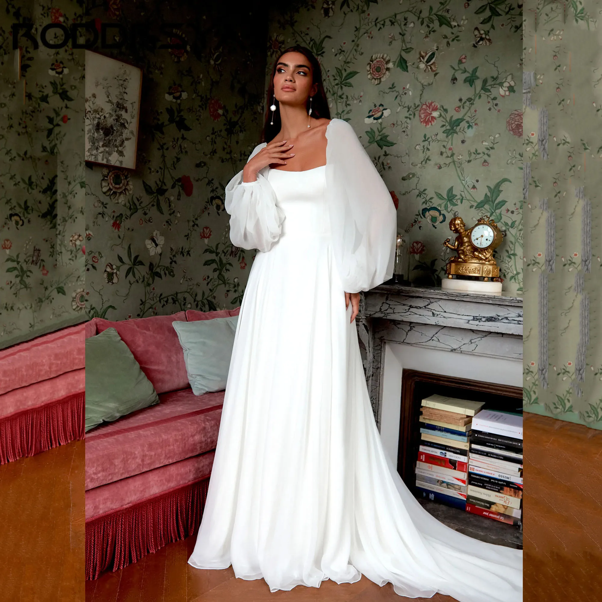 

RODDRSYA A-Line Simple Wedding Dress For Bride Chiffon Square Neck Backless Boho Gown Long Puff Sleeve robe de mariée Customized