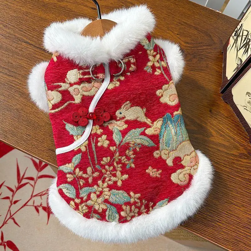 

Winter clothes for puppies Thick Tang suit with Chinese style and rabbit pattern. Festive clothes suitable for small dogs.