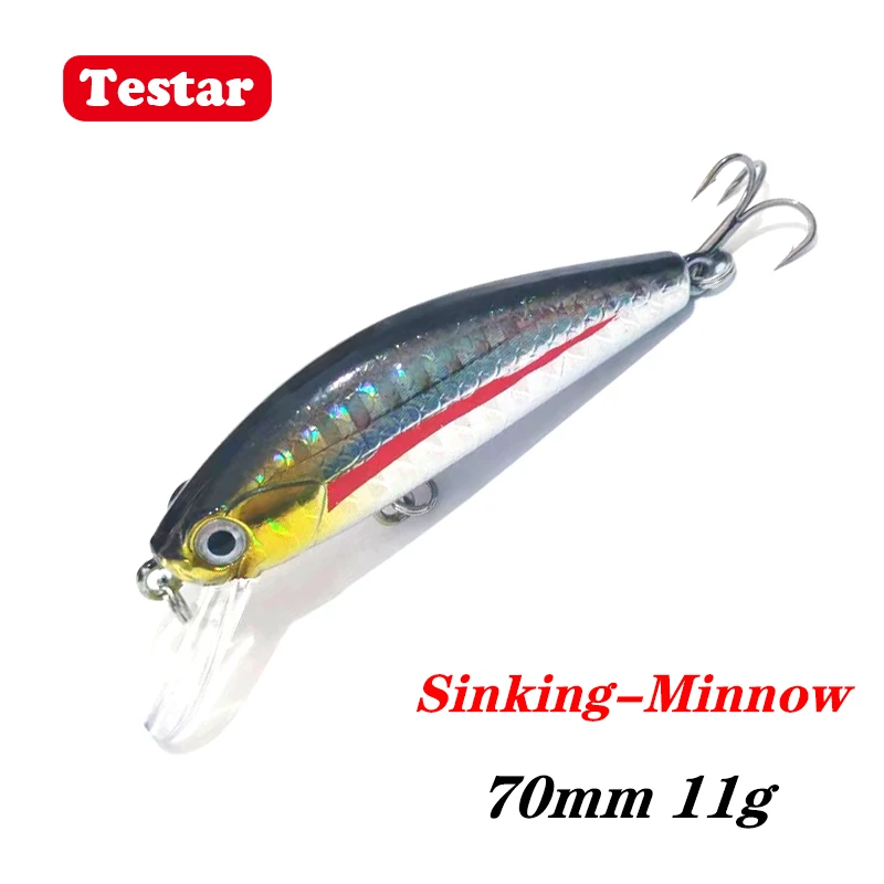 70mm 11g Testar Slow Sinking Minnow Bait Long Casting Wobbles Suspending Swimbait for Sea Bass Pike Trout Pesca Fishing Lures
