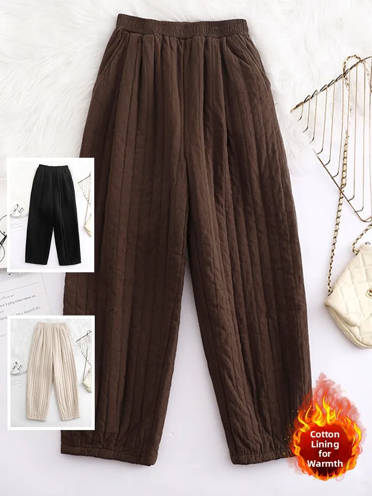 

Ретро-брюки в полоску из стеганого хлопка, большие размеры, женские теплые повседневные брюки, брюки-харлан, зимняя верхняя одежда, универсальные брюки-харлан