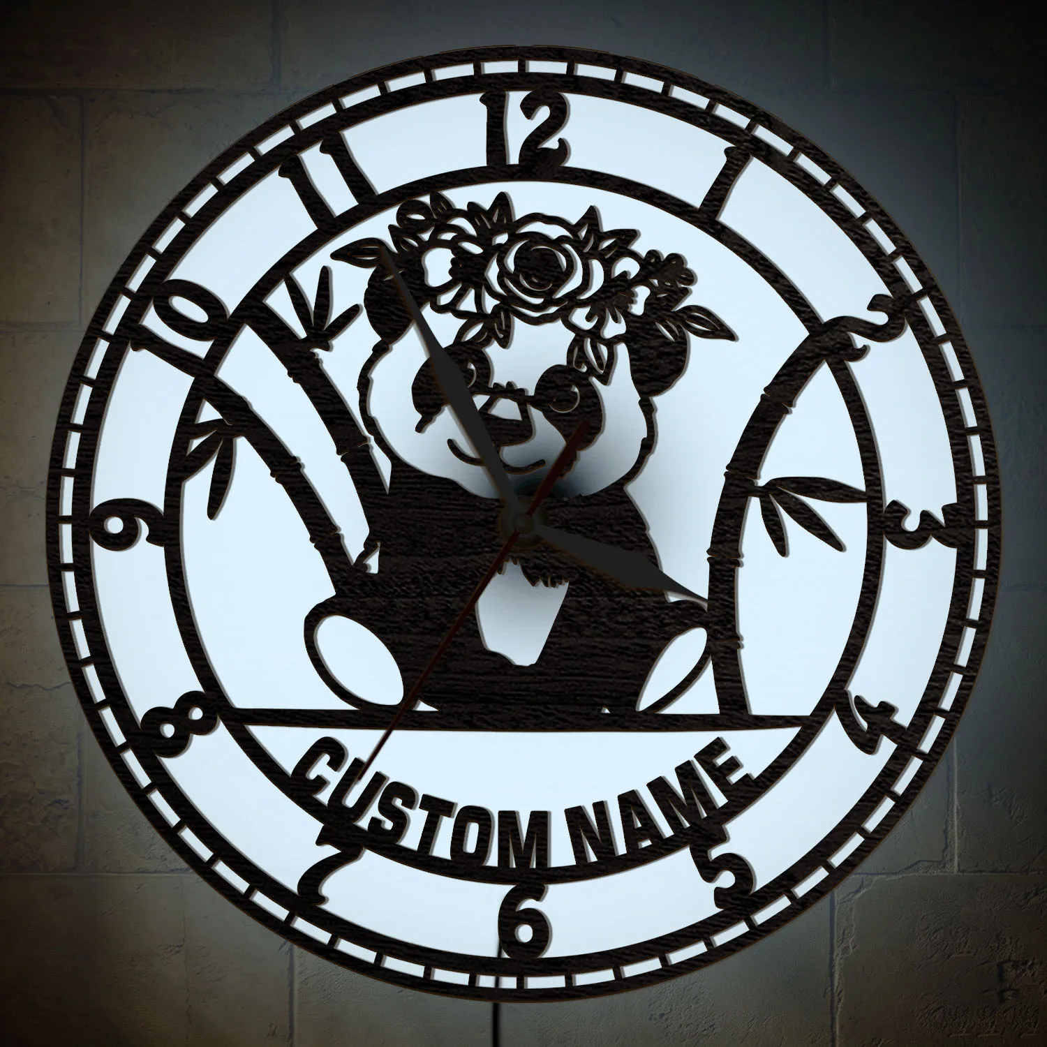 Cartoon Panda Bear Bamboo Personalized Wooden Wall Clock with LED Backlight Custom Name Multi Color Changing Backlit Wall Clock