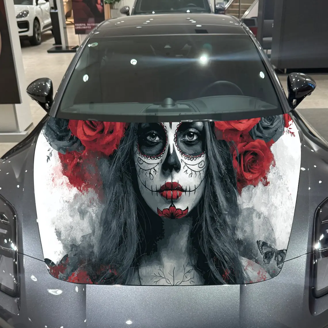 Enveloppes en vinyle pour capot de moteur de voiture en PVC, Art de crâne de dame folklorique mexicaine, autocollant auto-adhésif imperméable pour capot de voiture, décoration de voiture
