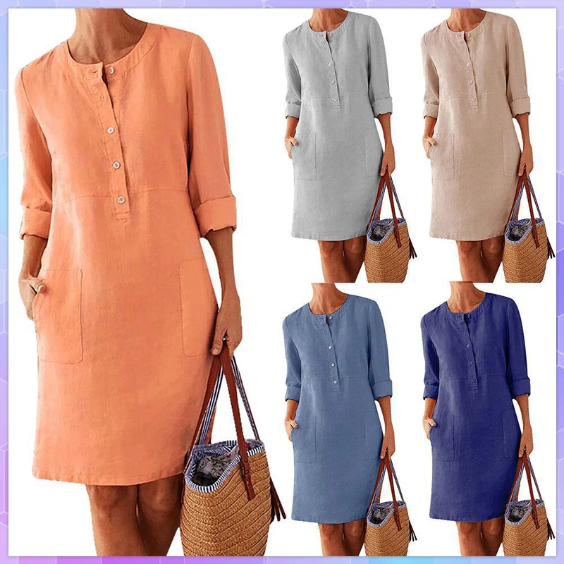 

Womens Dresses Spring Vintage Long Sleeve Button Pocket Solid Loose Party Female Dress Vestidos Para Mujer S-5X Vestido Feminino