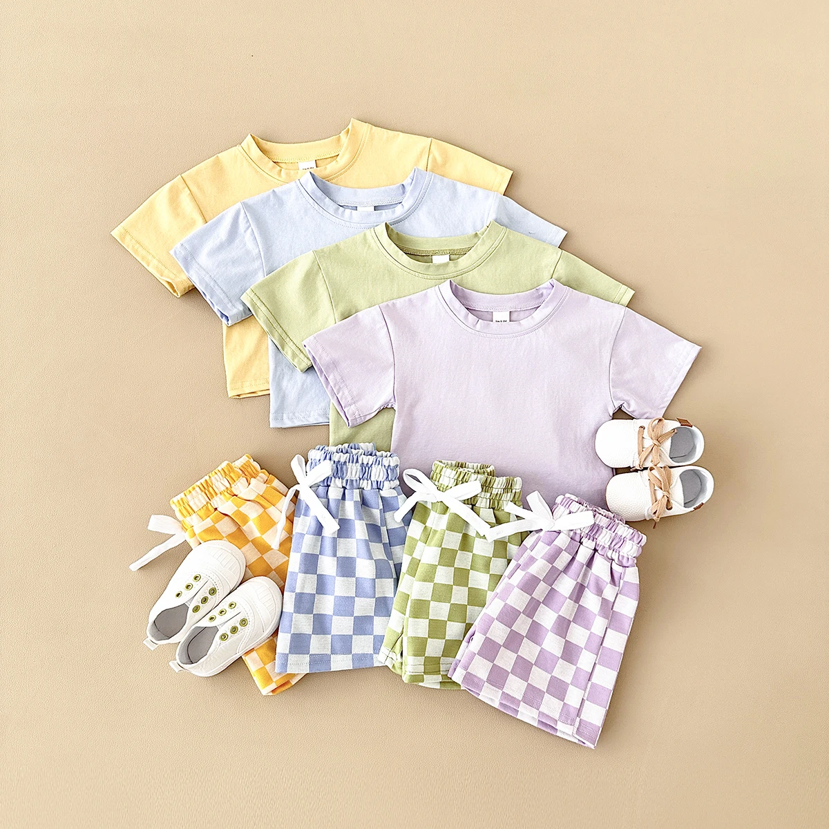 2024 Newborn Summer Boys Clothing Set Solid Color Short Sleeved T-shirt+Checkerboard Shorts Cotton Girls Casual Children Suit