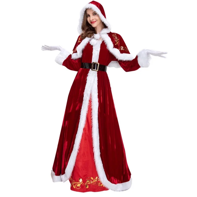 Christmas Santa Claus Cosplay Costume Adult Women Dress Suit Men Beard Top Pants Uniform Outfit Xmas Party Role Play