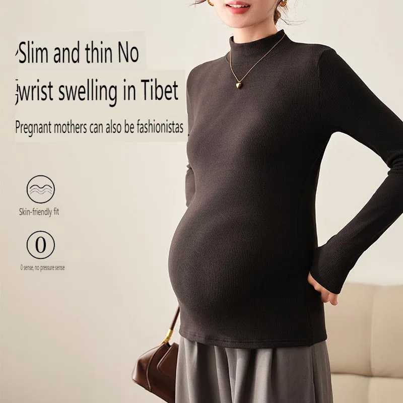 Maternity Half-High Neck Fleece-Lined Thickened Base Layer Top for Pregnancy Wear Autumn/Winter Outerwear Maternity Clothing