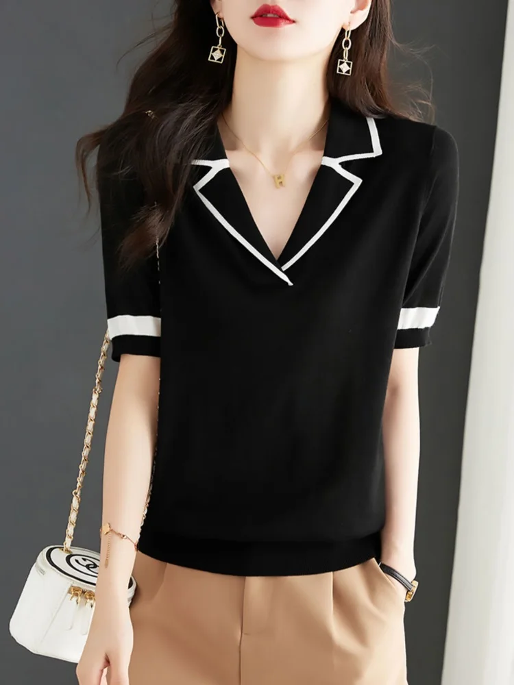 TuangBiang 2023 Summer Black White Patchwork Cotton Pullover Polo Collar Short Sleeves Knit Thin Sweater Women Sexy Fashion Tops