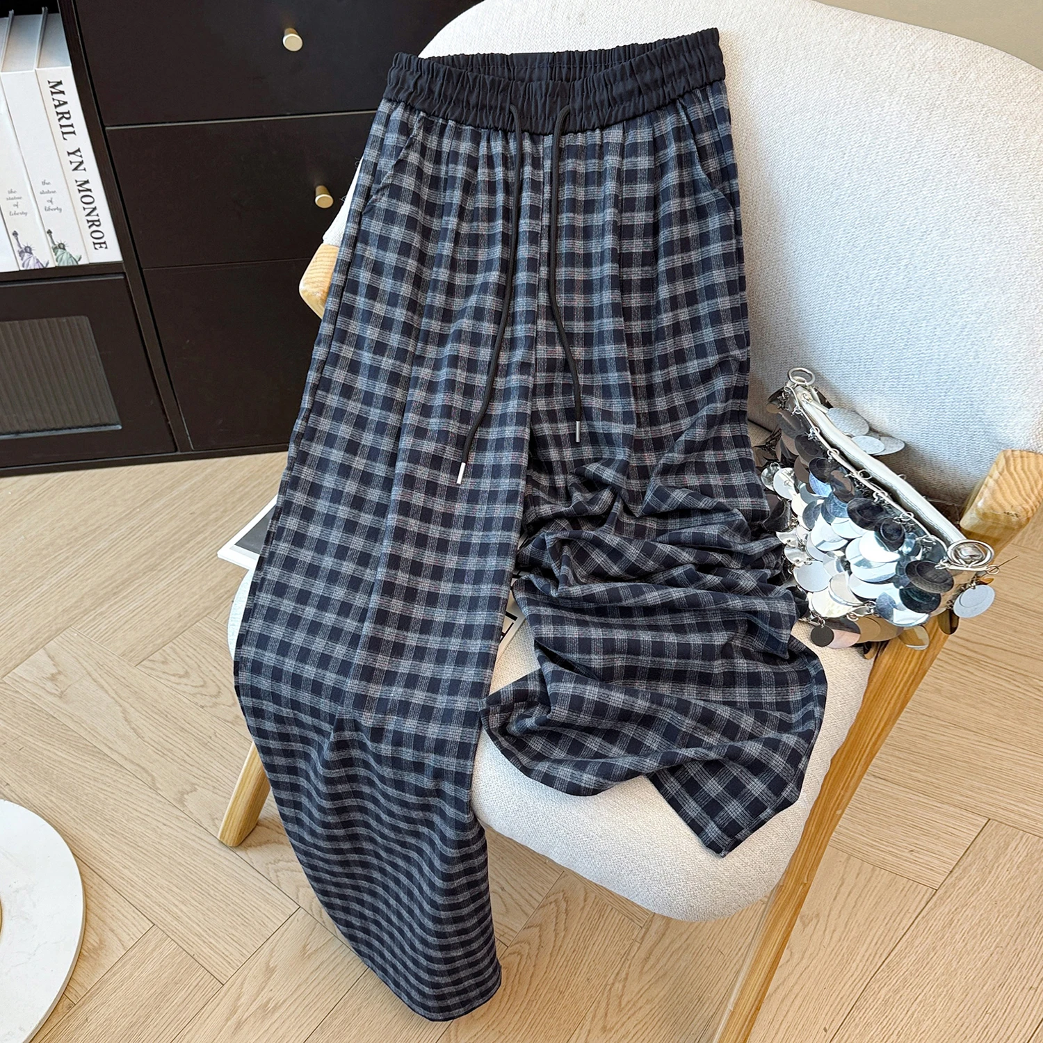 الكورية تصميم الإحساس منقوشة اللون Blo مرونة الخصر مستقيم الساق السراويل النسائية الرجعية عارضة فضفاض ثنى السراويل واسعة الساق