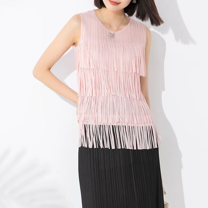 Miyake Pleated Temperament Casual Versatile Fringed Vest Women's 2023 Summer New Pullover Round Neck Design To Show A Slim Top