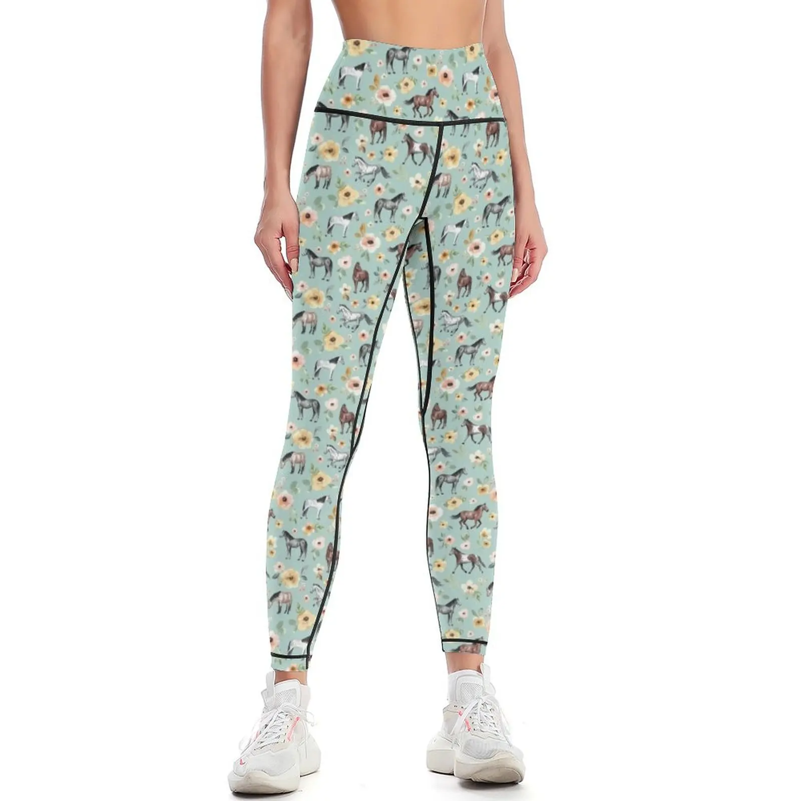 

Horses with Flowers, Sunrise Floral, Blue, Horse Decor, Leggings Clothing fitness Women's pants gym wear Womens Leggings