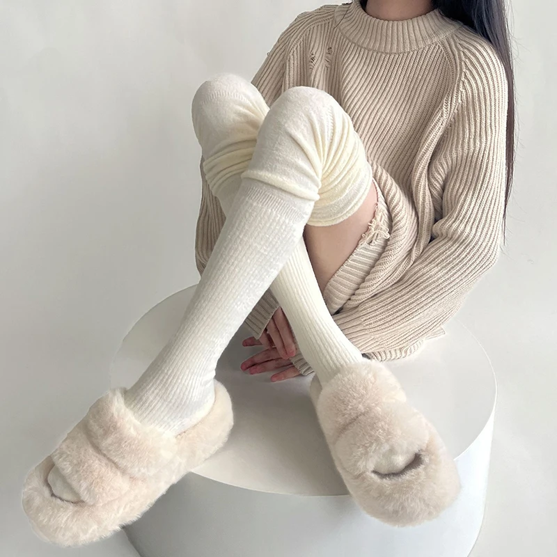 

Winter Plush Warm Women Stockings Spliced Pile White Color Thigh High Stockings Cute Fluffy Over Knee Women Christmas Boot Socks