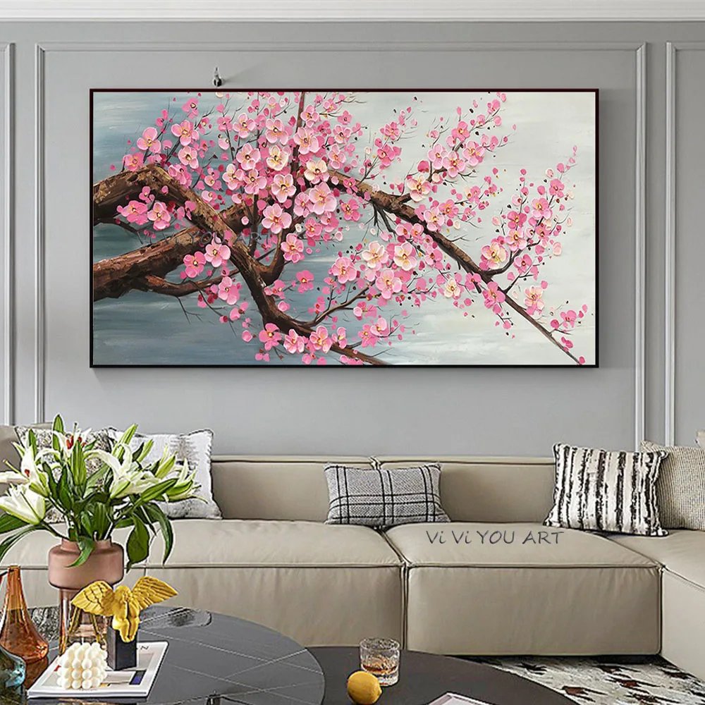 

Pink Cherry Blossom Canvas Wall Art Painting, Original Textured Palette Knife Painting Blooming Floral Modern Home Wall Decor