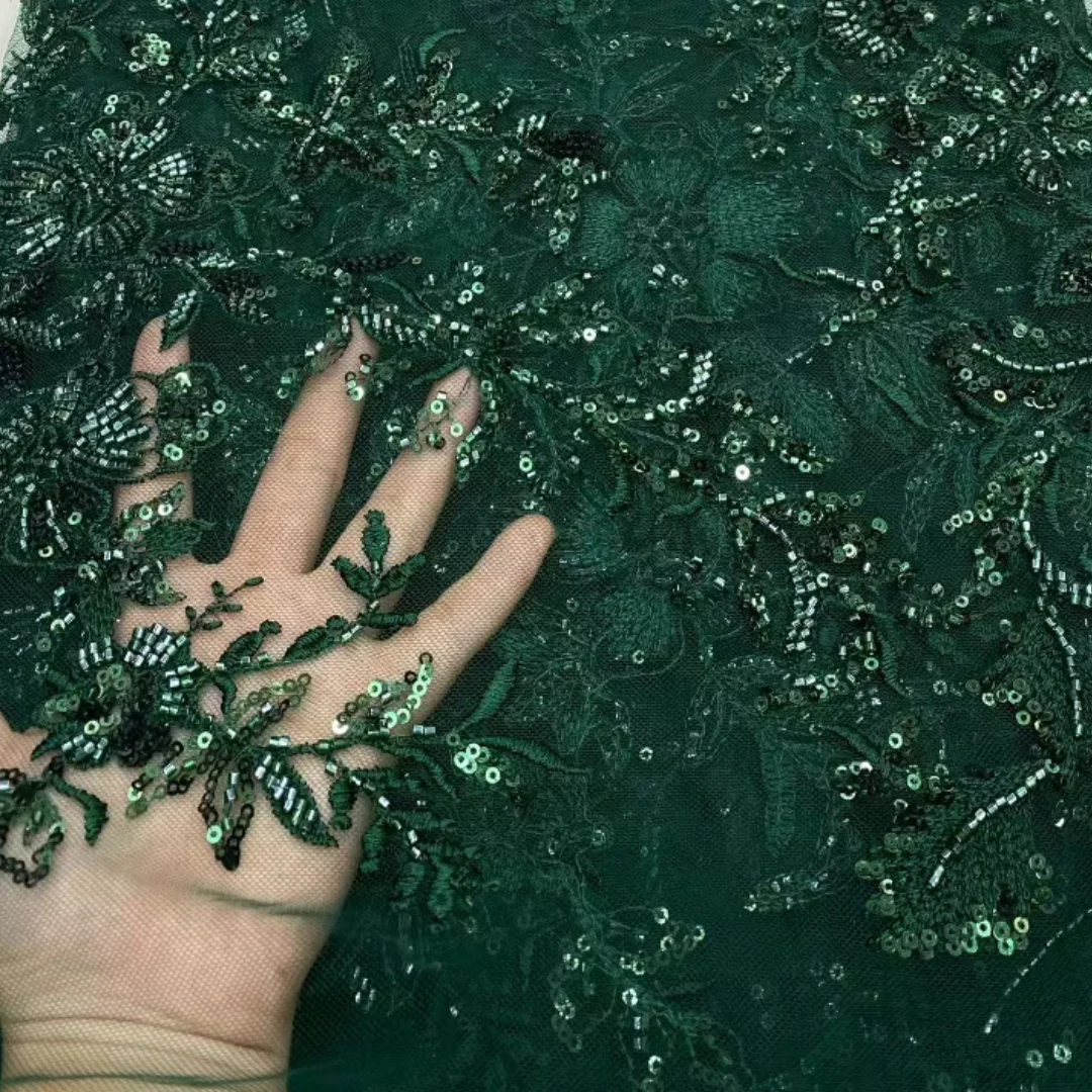 

Зеленая европейская цветочная ткань с вышивкой шнуром, кружевом, пайетками и бисером, фатин, французская нигерийская ткань для свадебных платьев, материал для шитья