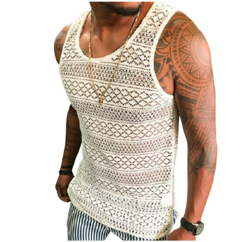

Sexy Mens Tank Top See-through Hollow Out T-shirt T-shirt Summer Sleeveless T-shirt Breathable Slim Tees Gym Clothing Workout