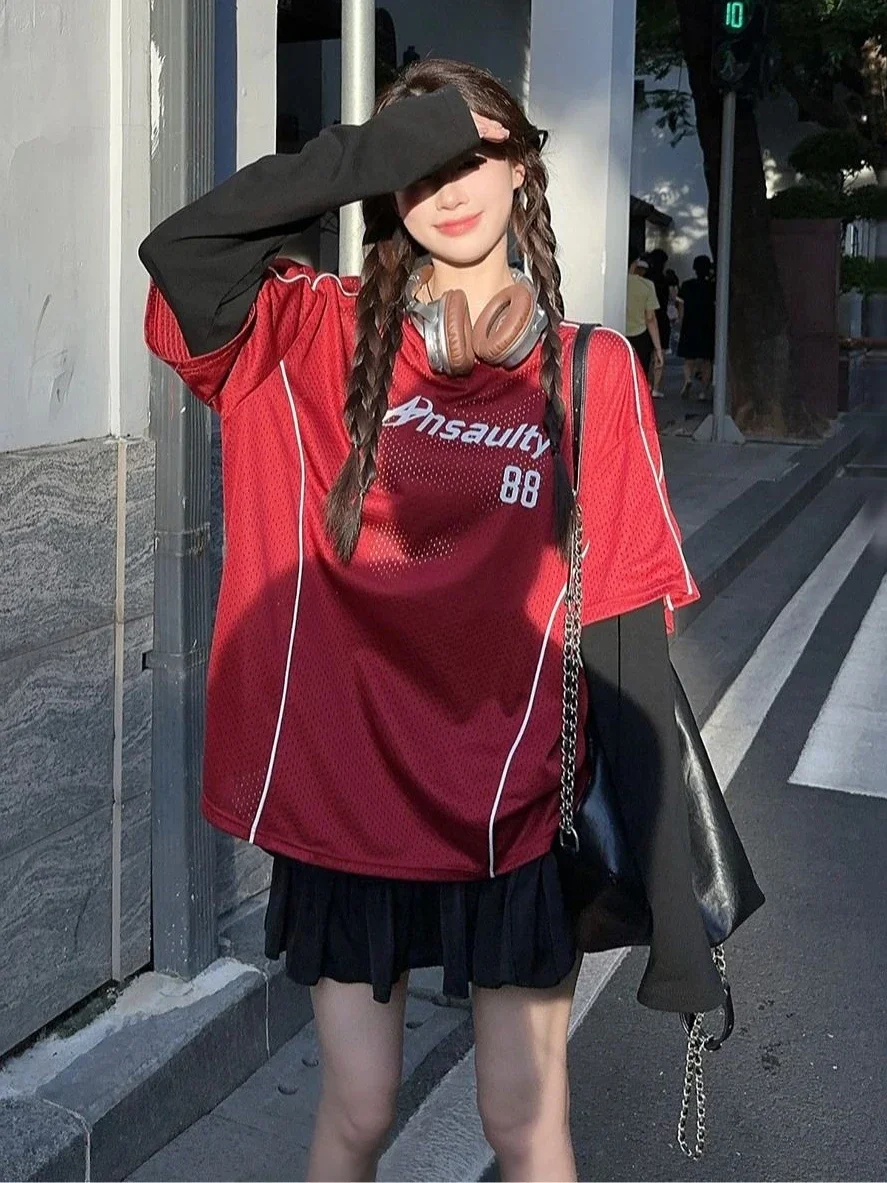 Deeptown Streetwear Oversize Sweatshirt Women American Vintage Y2k Graphic Fake Two Piece Jersey Grunge Hip Hop Long Sleev Tops