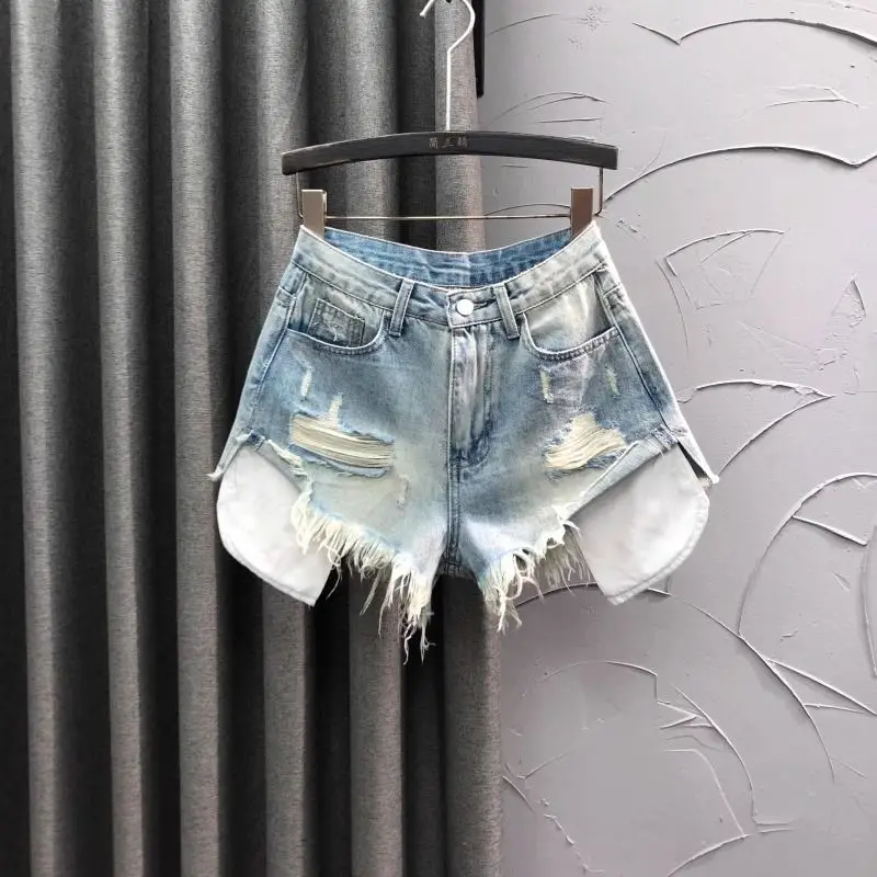 Zomer 2024 Gepersonaliseerde Hoge Taille Denim Shorts Voor Vrouwen Met Gaten Retro A-Line Hotpants Y 2K Shorts