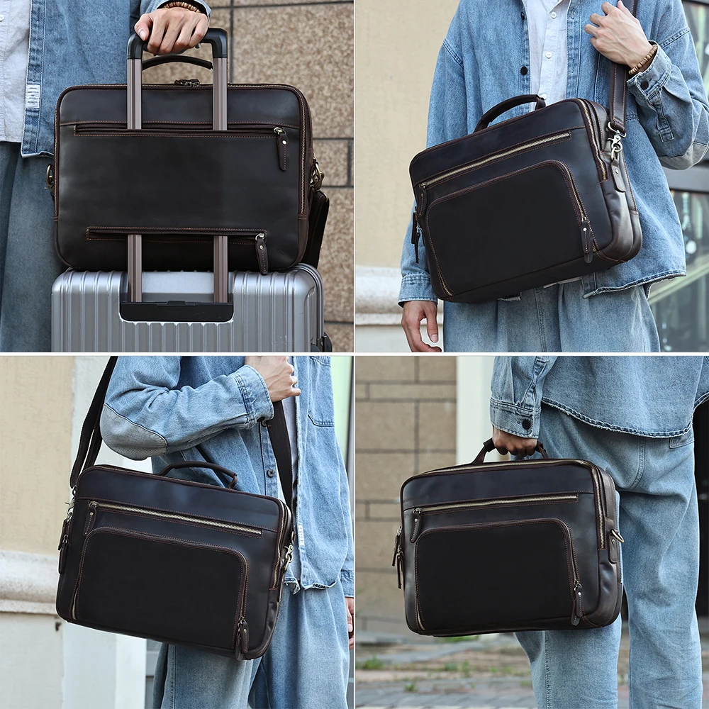 Large Capacity Custom Design Crazy Horse Leather Office Bags Men's Business 15.6'' Inches Laptop Cowhide Leather Briefcase