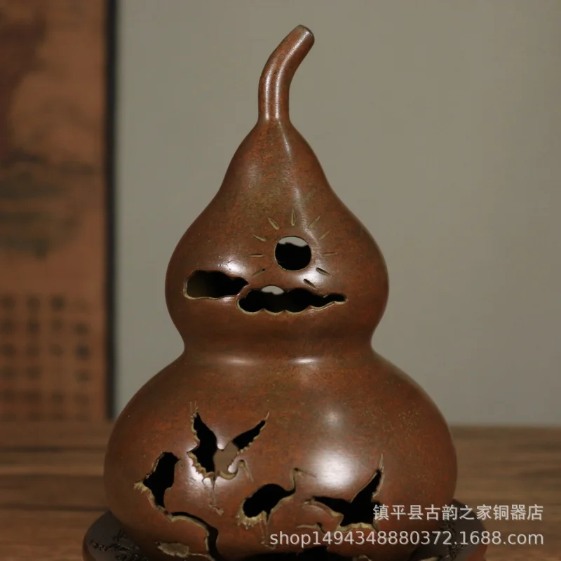 Pure Copper Hollow Crane Cloud Gourd Furnace Office Creative Incense Burner Storage Chinese Style Home Decor Ornament