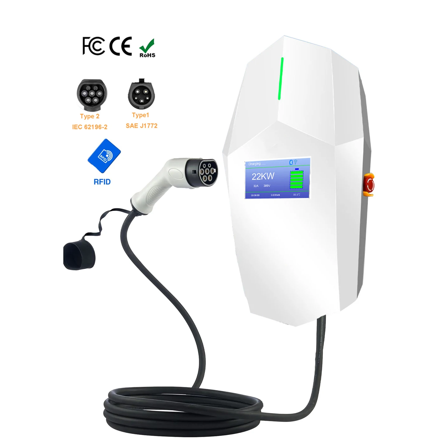 Bomern Best Price waterproof 32A 22KW type 2 EV Charger with LCD Screen for EVSE