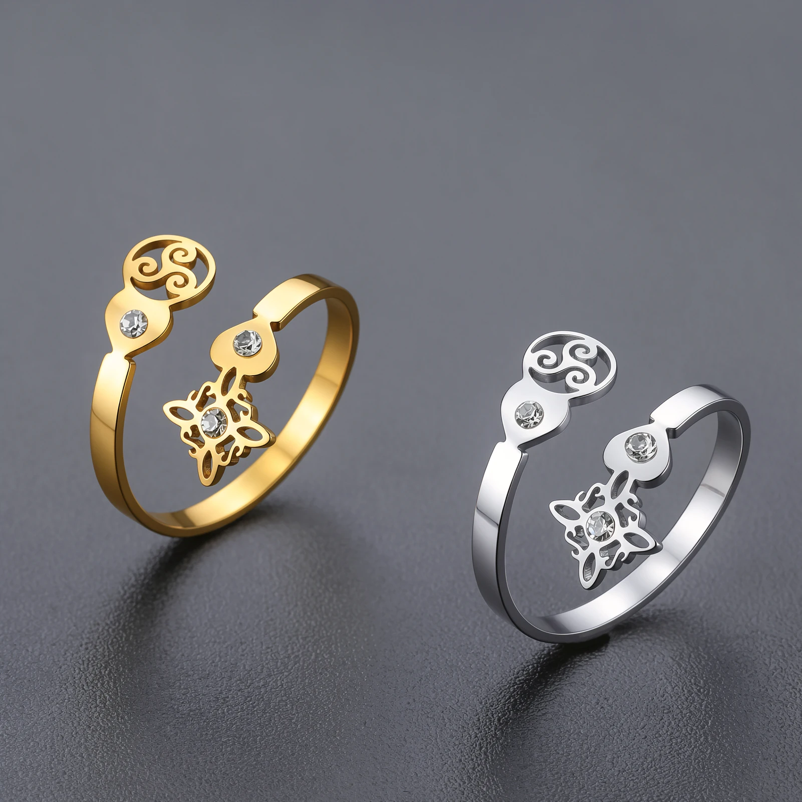 1PC Witch Knot Triskele Zircon Opening Ring For Women Irish Celtics Knot Butterfly Stainless Steel Classical Amulet Jewelry