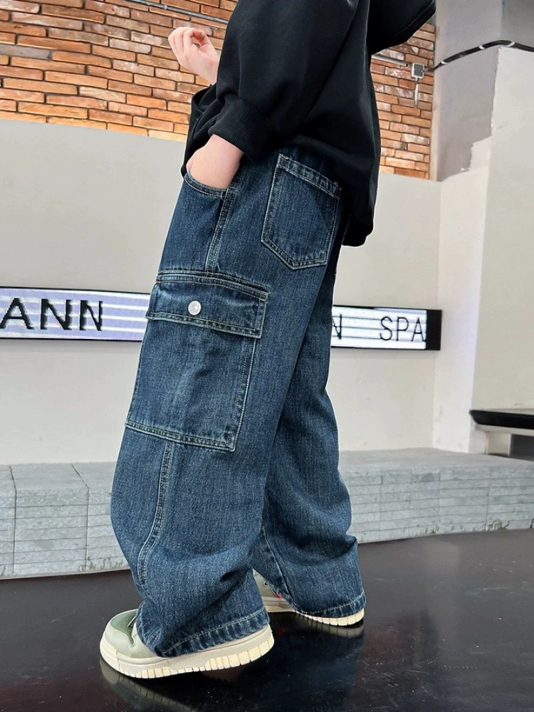 5 6 8 10 12 13 14 Years Boys Denim Wide Leg Pants Spring Autumn Children Trousers New Fashion Teenager Girls Jeans Kids Clothes