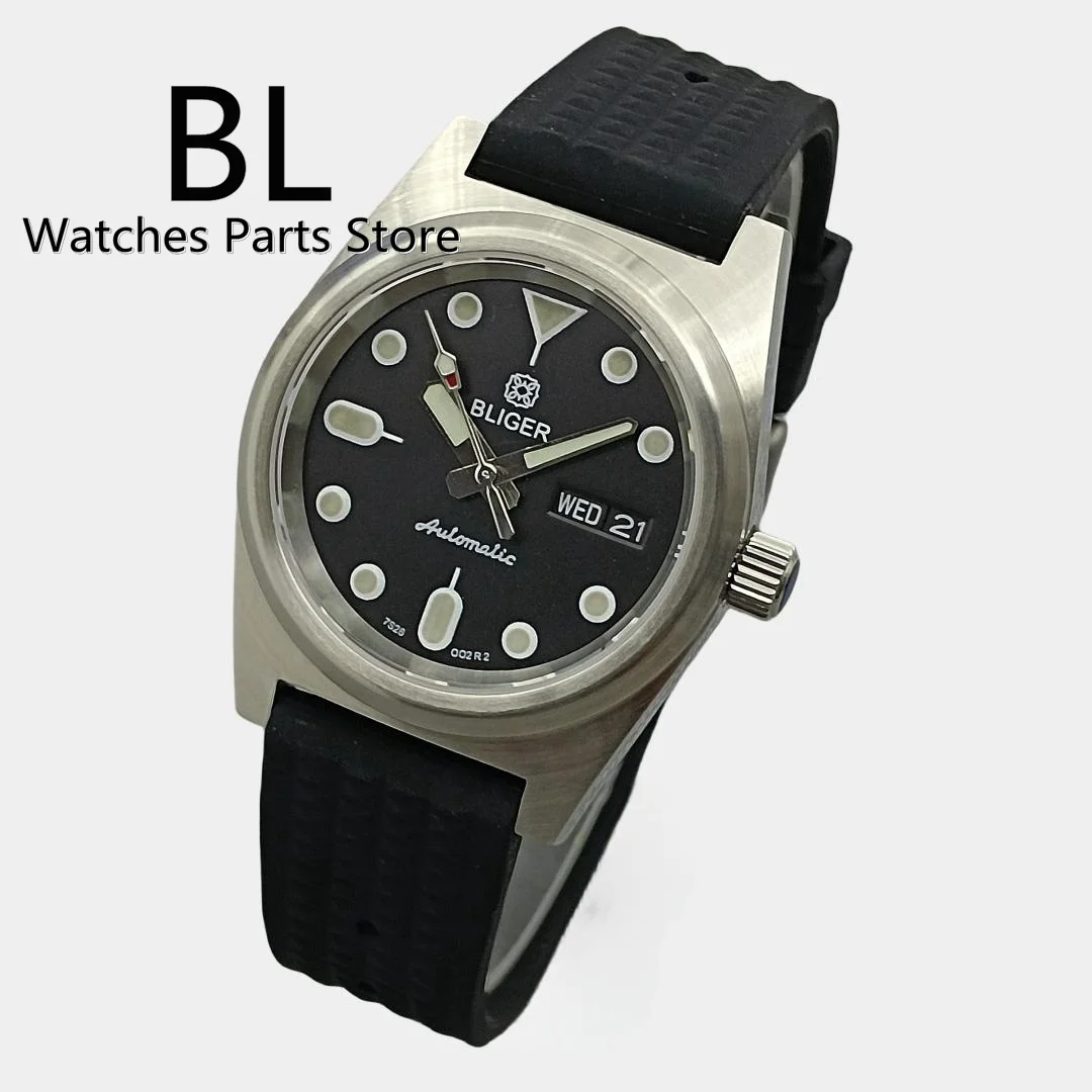 BLIGER NH36A Mechanical Mens Watch 38mm Silver Case Sapphire Glass Black White Dial C3 Green Luminous Rubber Strap Week-date