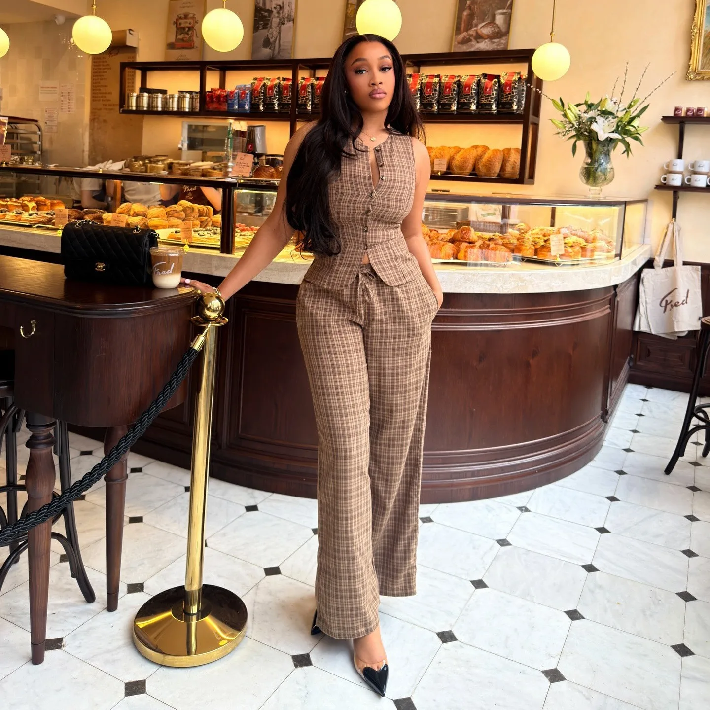 

2 Pieces Set For Woman Pants High Waist Wide Leg Trousers Plaid Two Piece Set Long Pants Sleeveless Button Front Top Pants